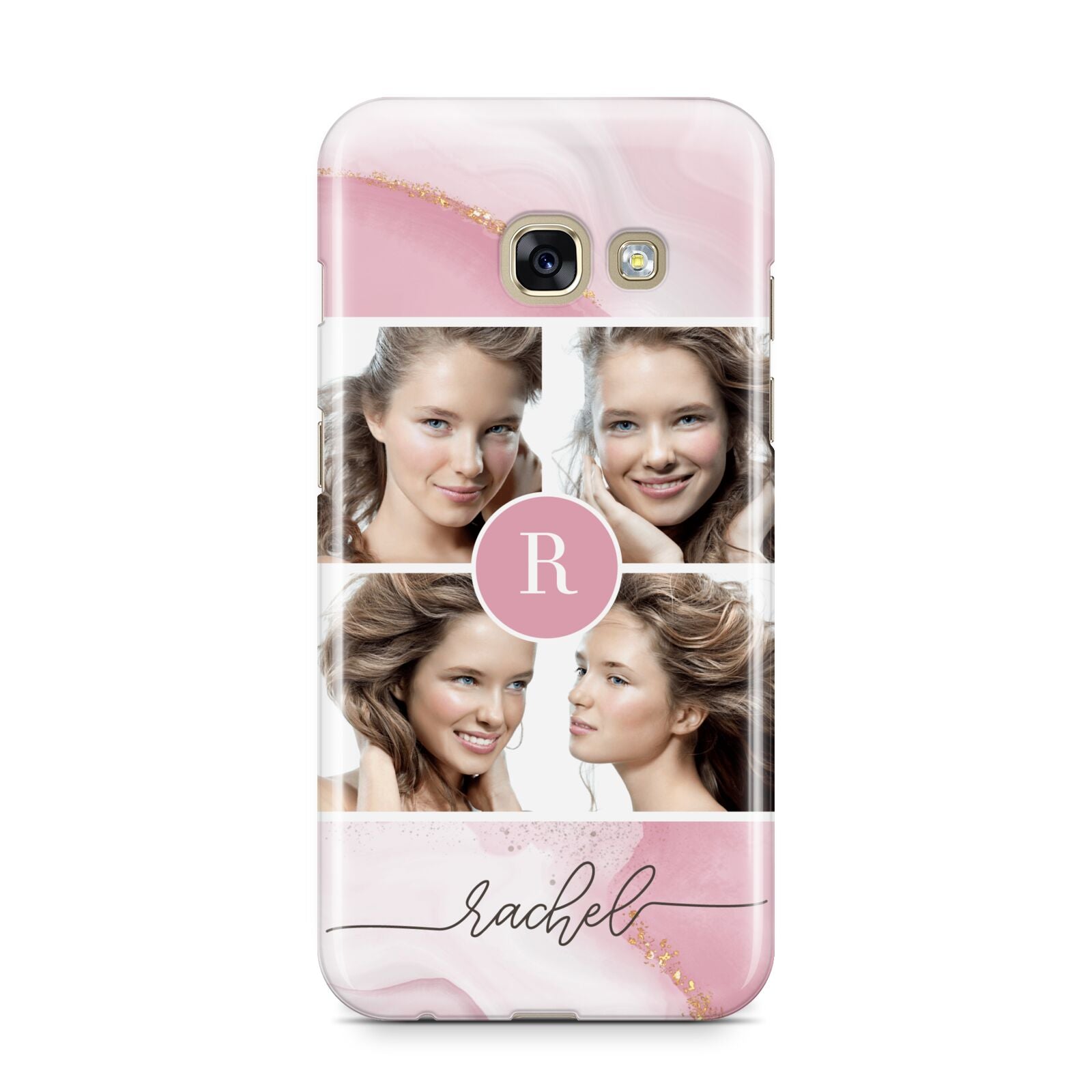 Pink Marble Personalised Photo Samsung Galaxy A3 2017 Case on gold phone