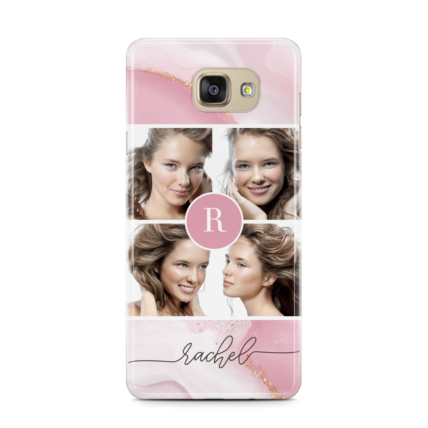 Pink Marble Personalised Photo Samsung Galaxy A7 2016 Case on gold phone