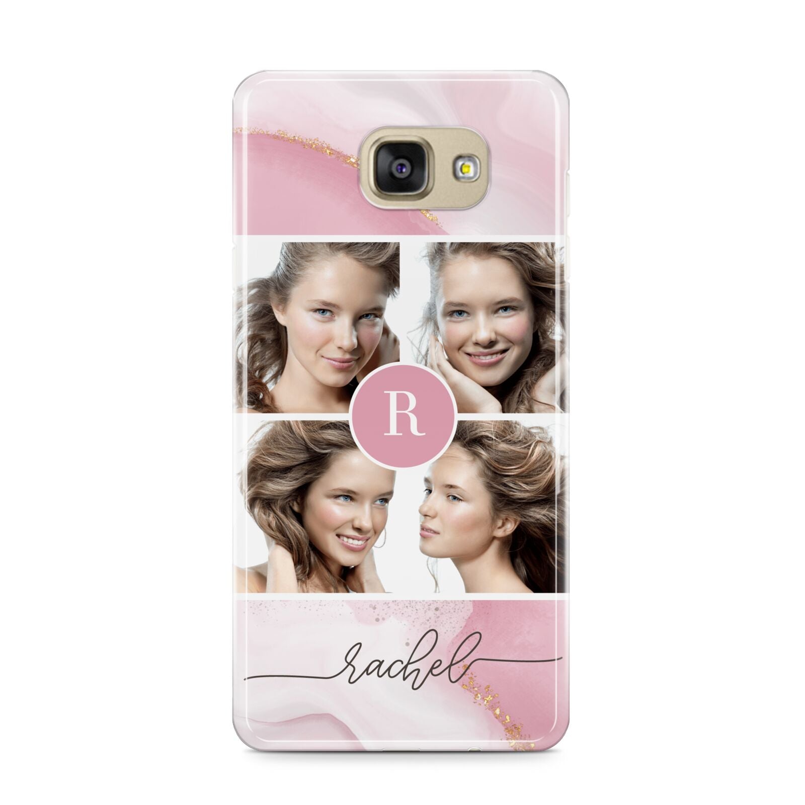 Pink Marble Personalised Photo Samsung Galaxy A9 2016 Case on gold phone