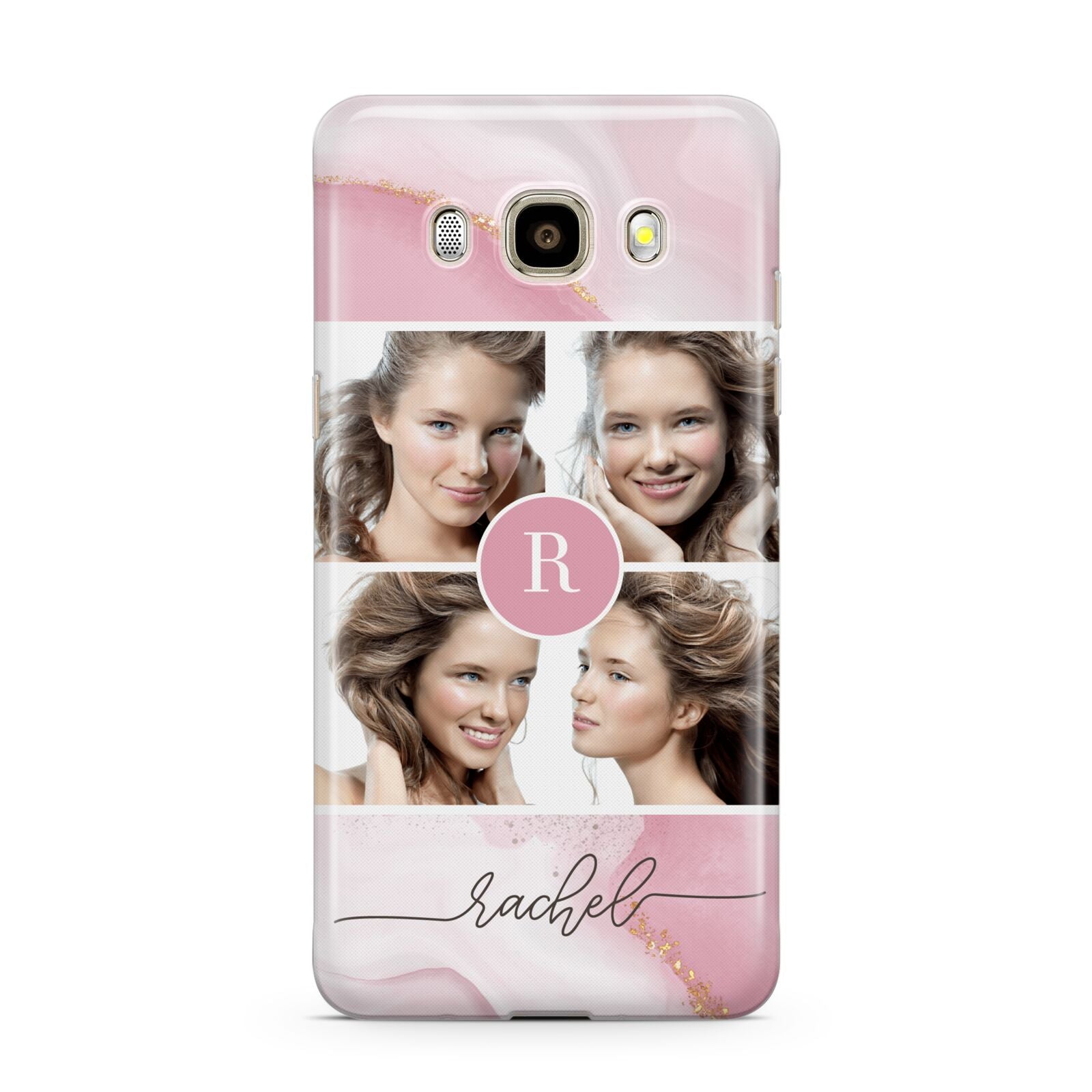 Pink Marble Personalised Photo Samsung Galaxy J7 2016 Case on gold phone