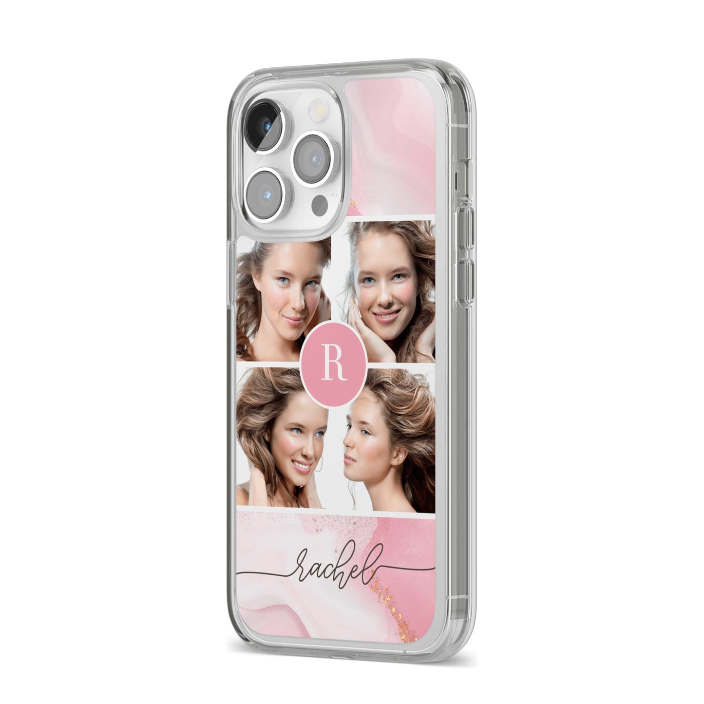 Pink Marble Personalised Photo iPhone 14 Pro Max Clear Tough Case Silver Angled Image