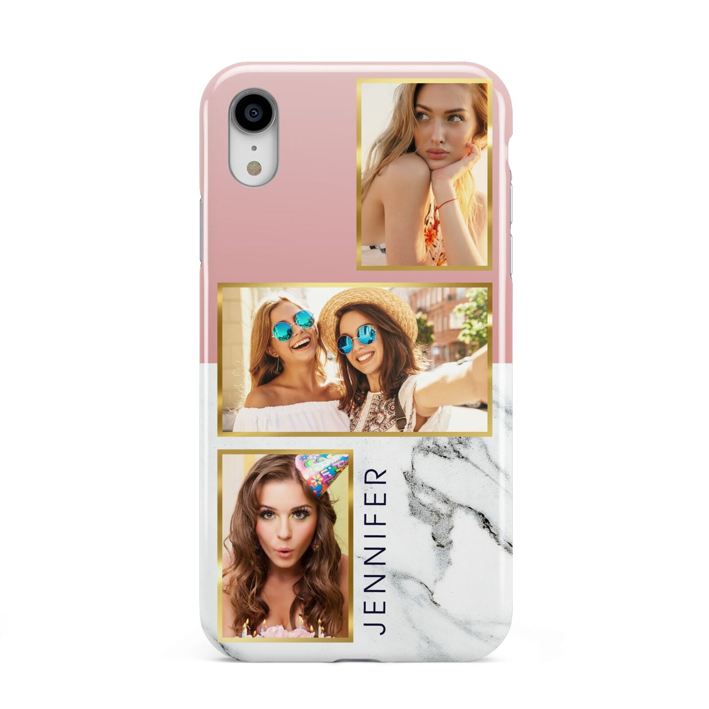 Pink Marble Photo Upload Name Apple iPhone XR White 3D Tough Case