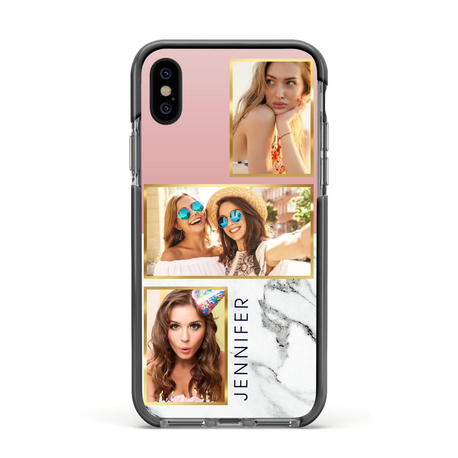 Pink Marble Photo Upload Name Apple iPhone Xs Impact Case Black Edge on Black Phone