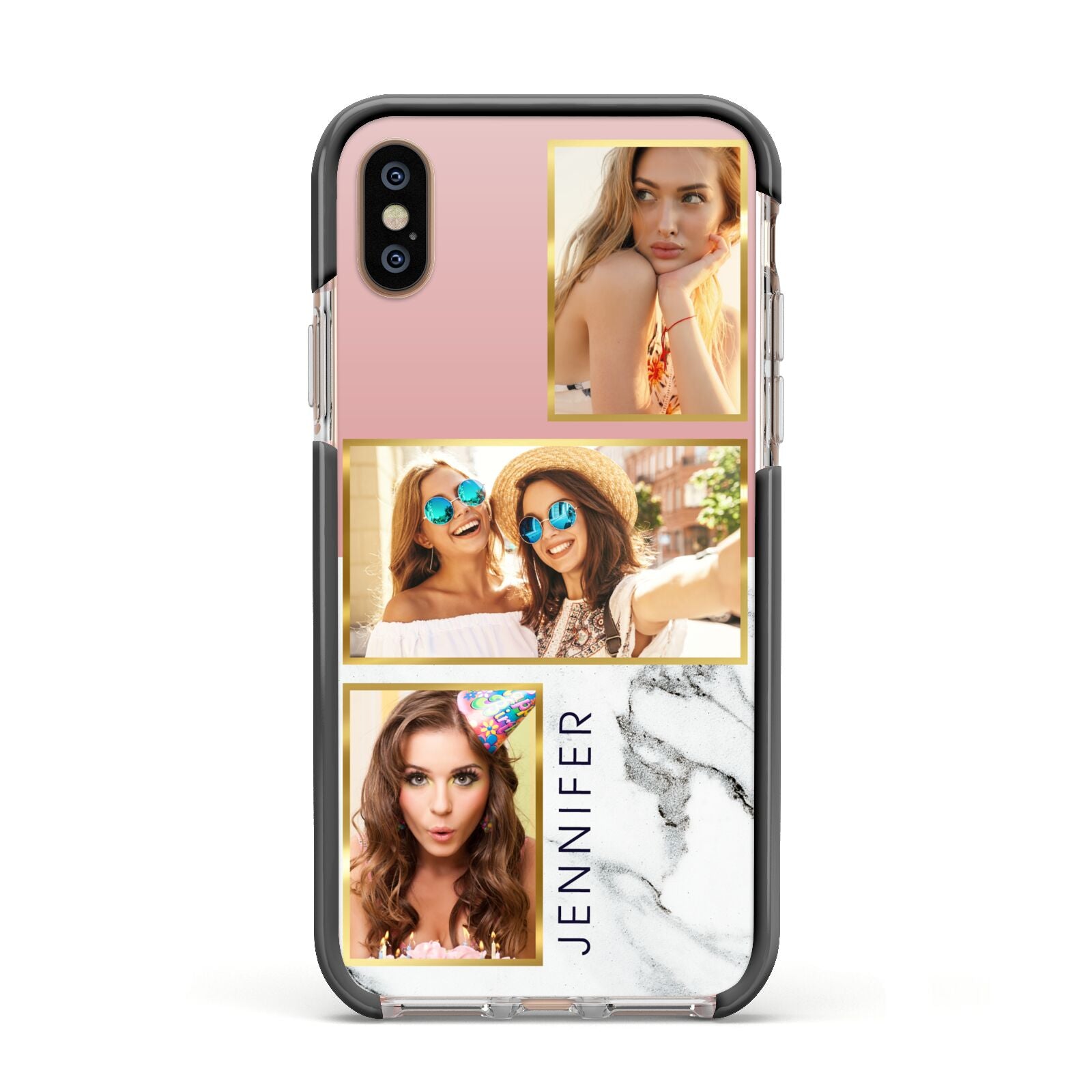 Pink Marble Photo Upload Name Apple iPhone Xs Impact Case Black Edge on Gold Phone