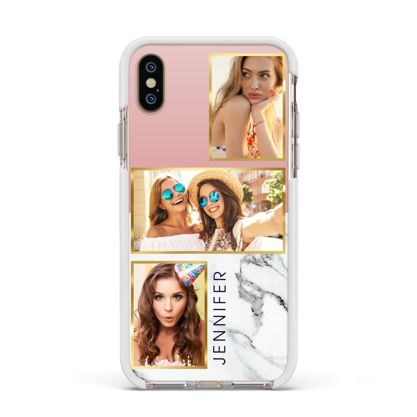 Pink Marble Photo Upload Name Apple iPhone Xs Impact Case White Edge on Gold Phone