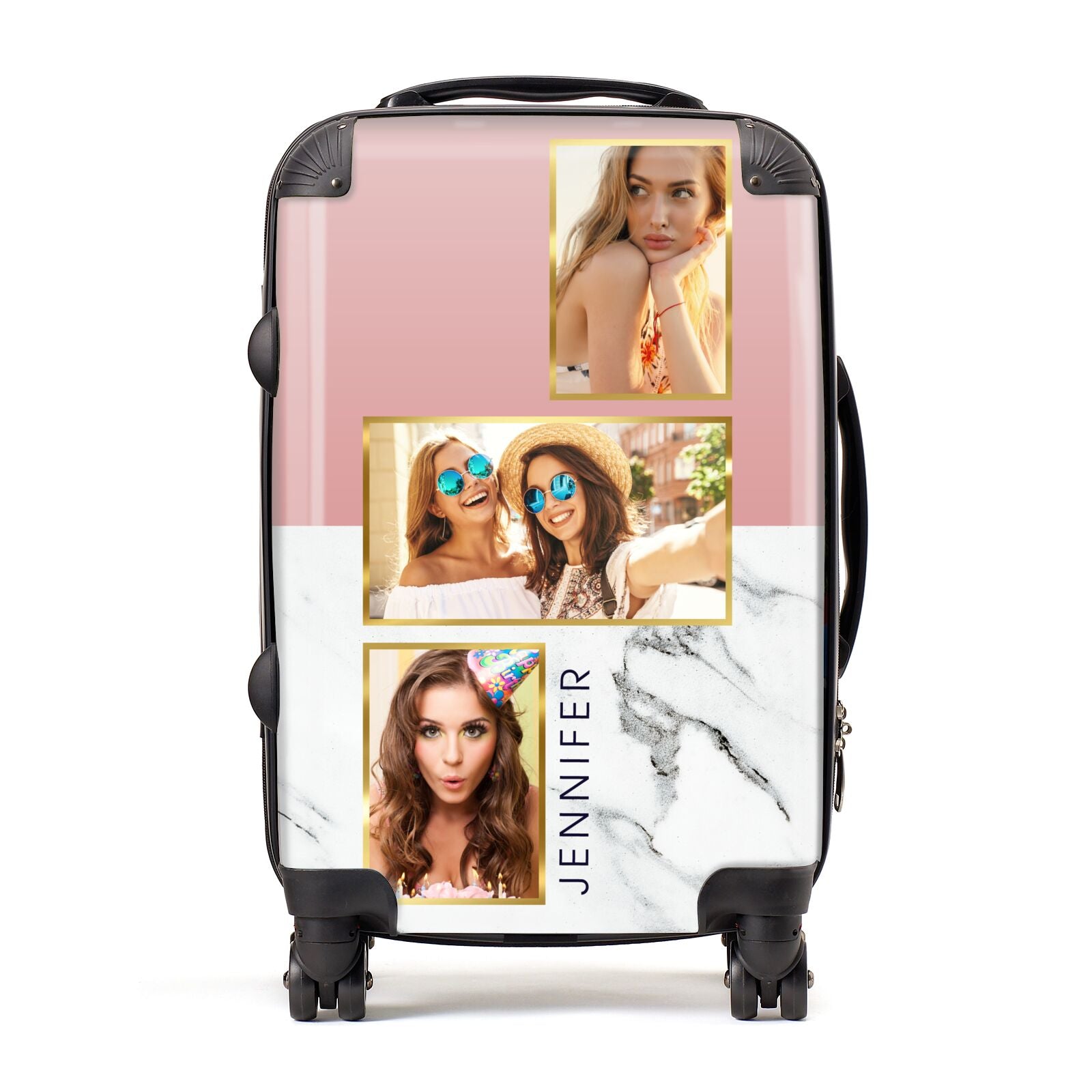 Pink Marble Photo Upload Name Suitcase