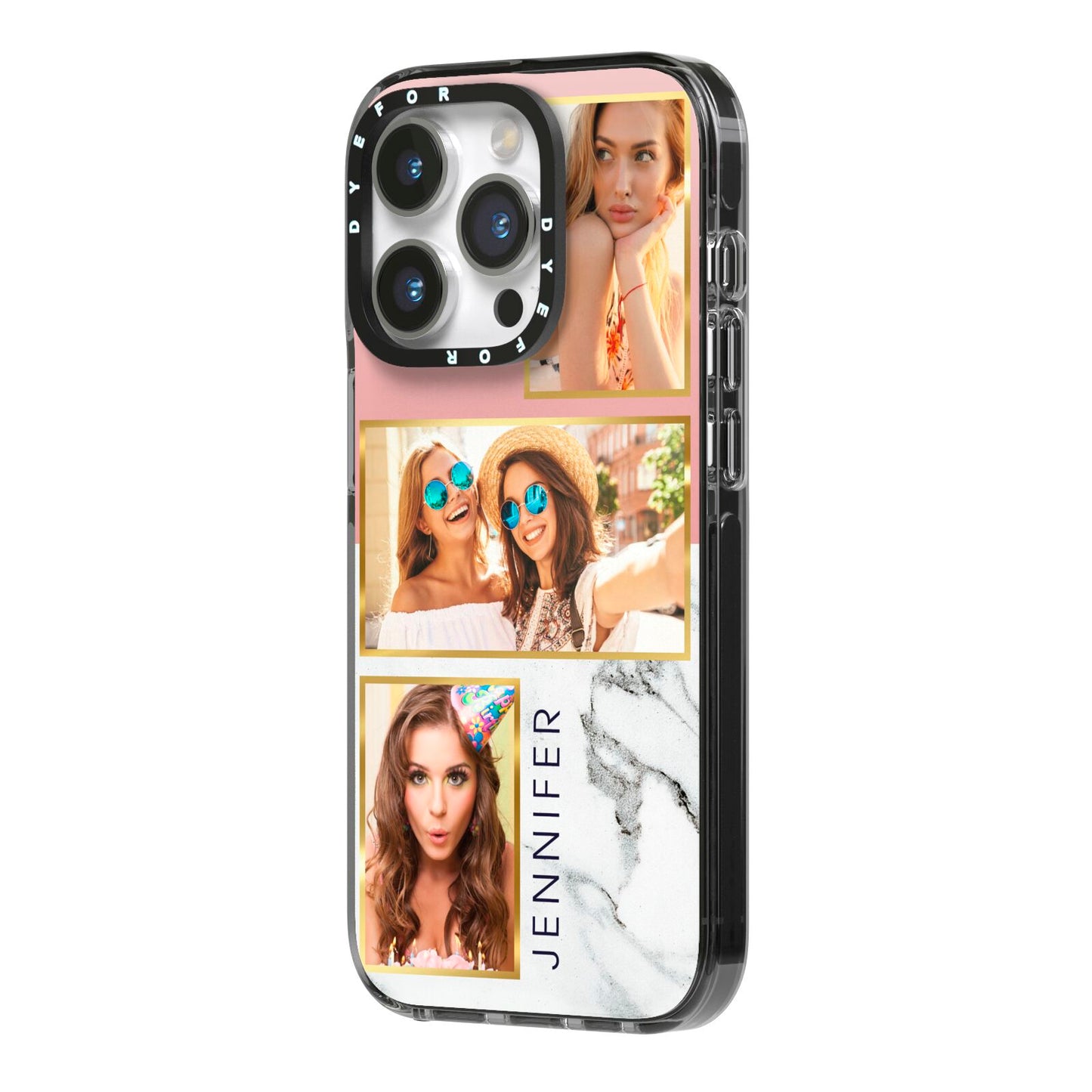 Pink Marble Photo Upload Name iPhone 14 Pro Black Impact Case Side Angle on Silver phone