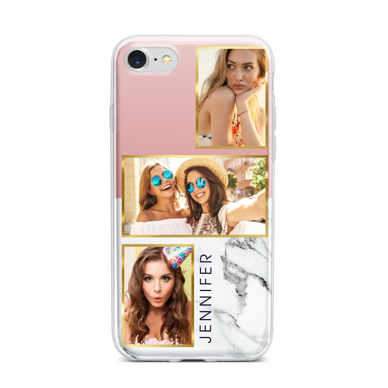 Pink Marble Photo Upload Name iPhone 7 Bumper Case on Silver iPhone