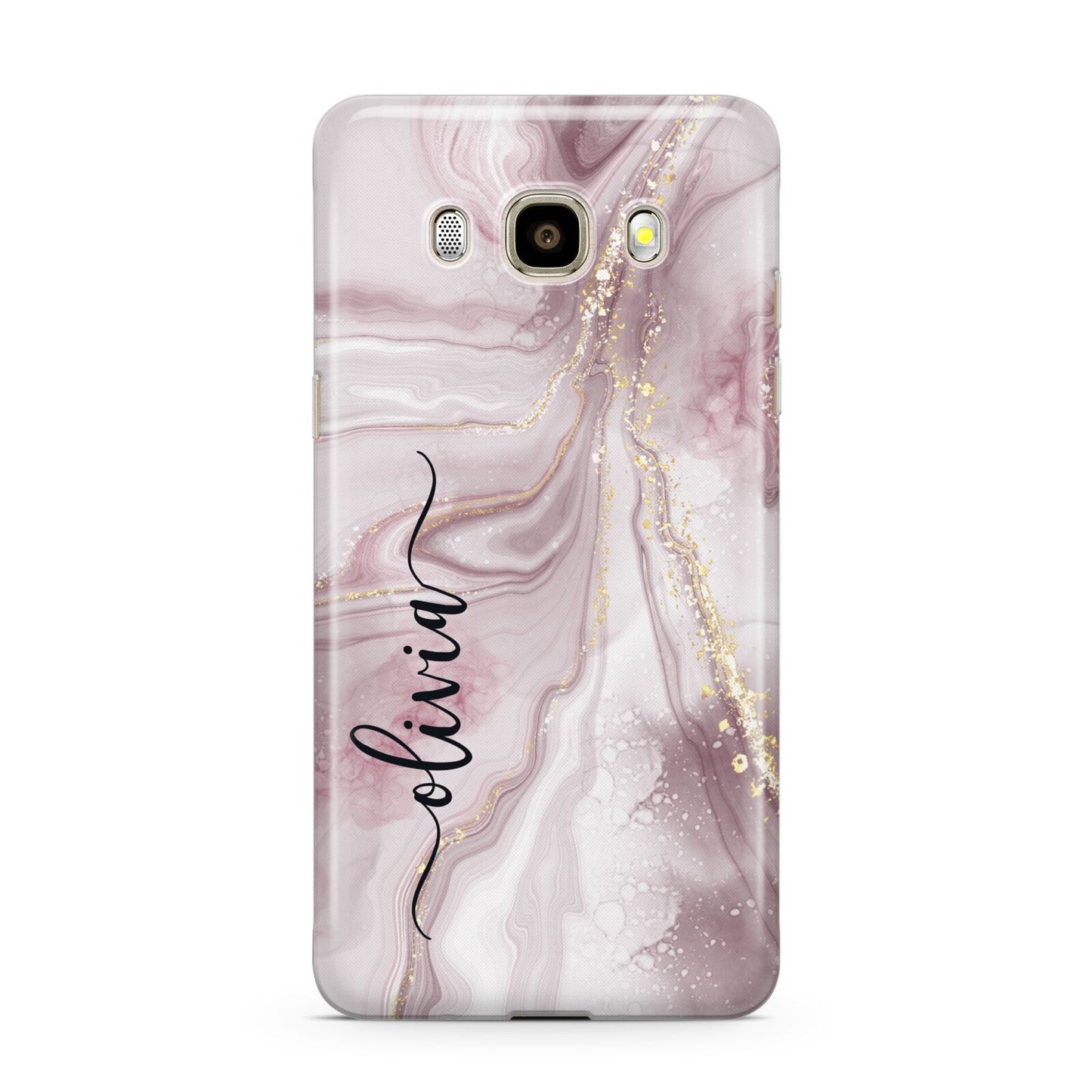 Pink Marble Samsung Galaxy J7 2016 Case on gold phone