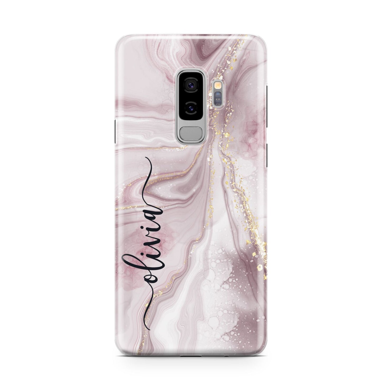 Pink Marble Samsung Galaxy S9 Plus Case on Silver phone