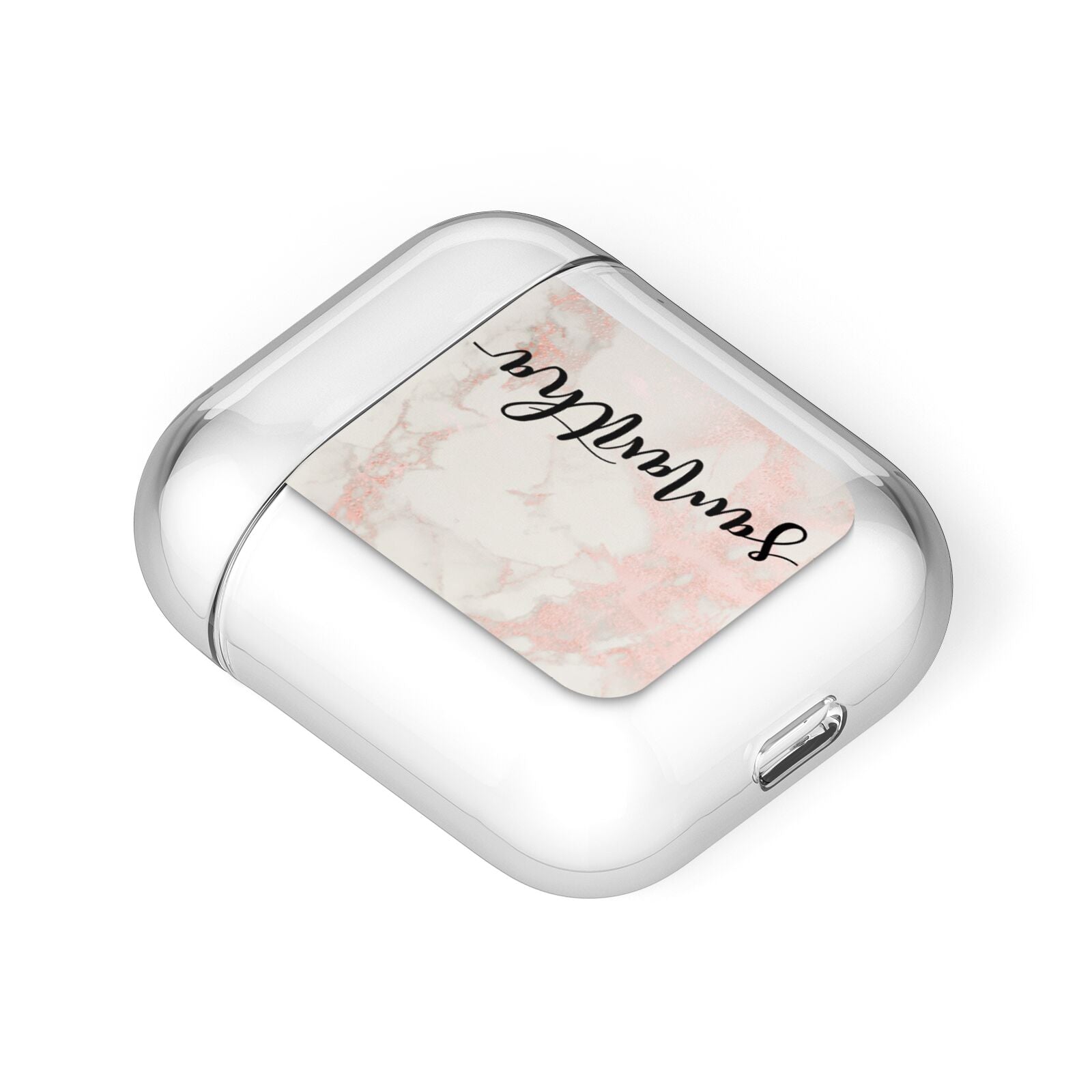 Pink Marble Vertical Black Personalised Name AirPods Case Laid Flat
