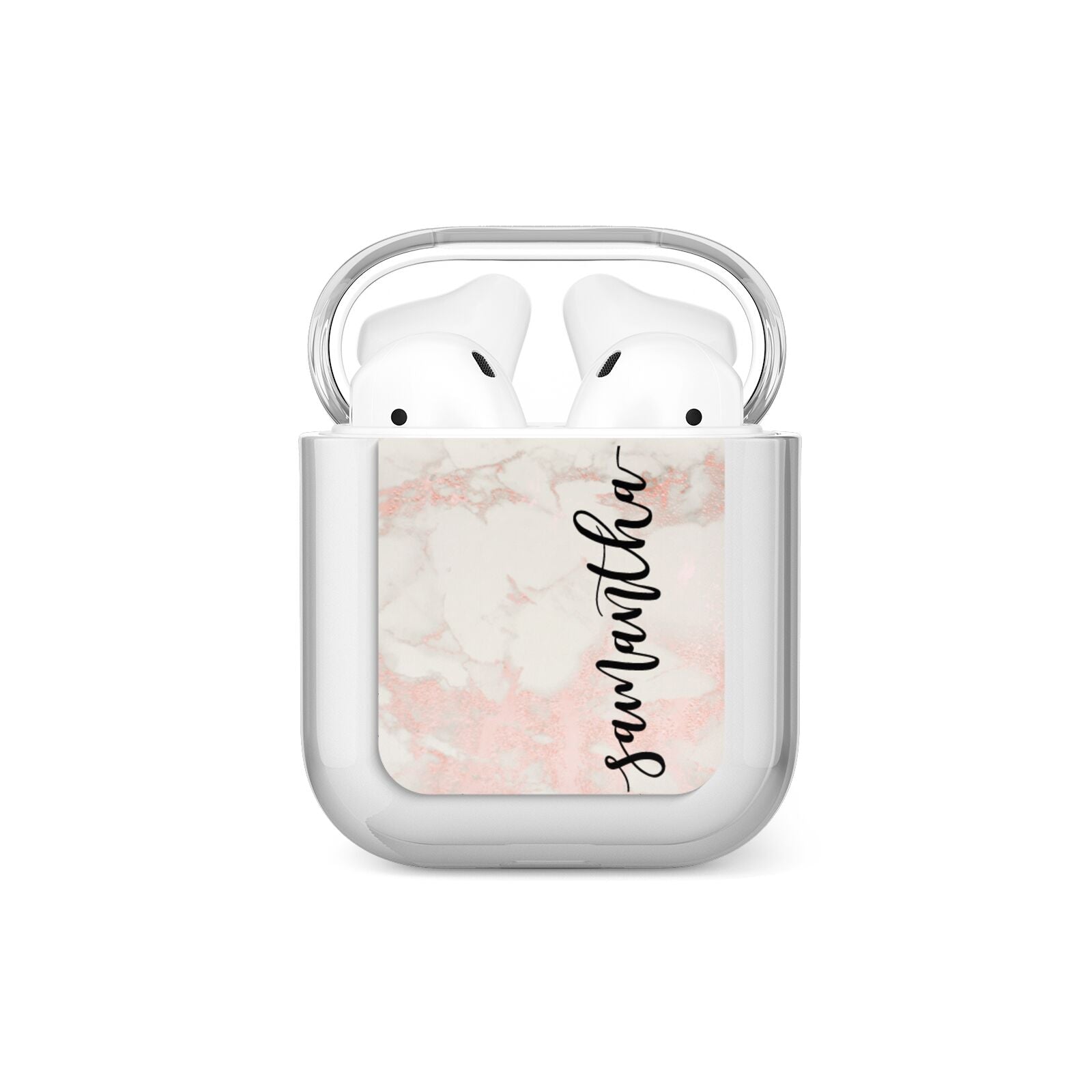 Pink Marble Vertical Black Personalised Name AirPods Case