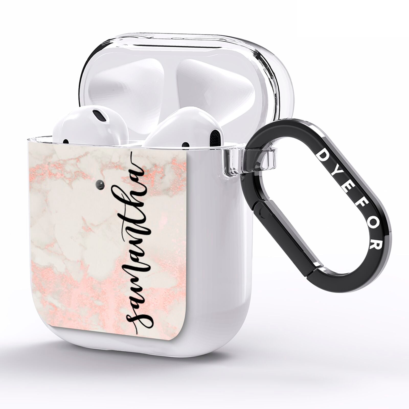 Pink Marble Vertical Black Personalised Name AirPods Clear Case Side Image