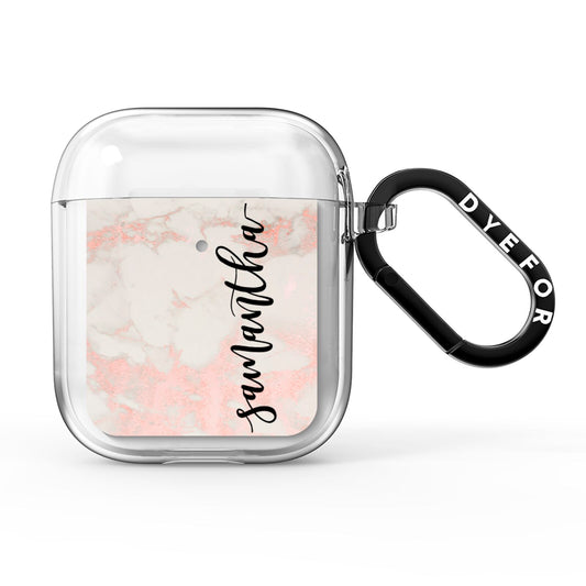 Pink Marble Vertical Black Personalised Name AirPods Clear Case