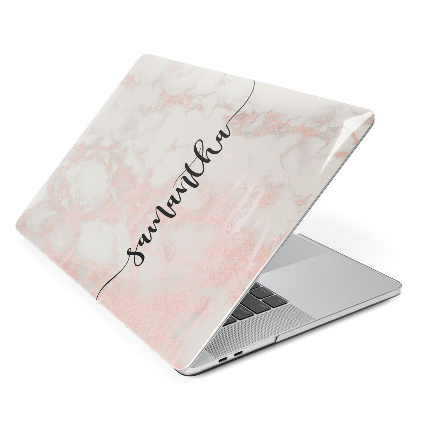 Pink Marble Vertical Black Personalised Name Apple MacBook Case Side View