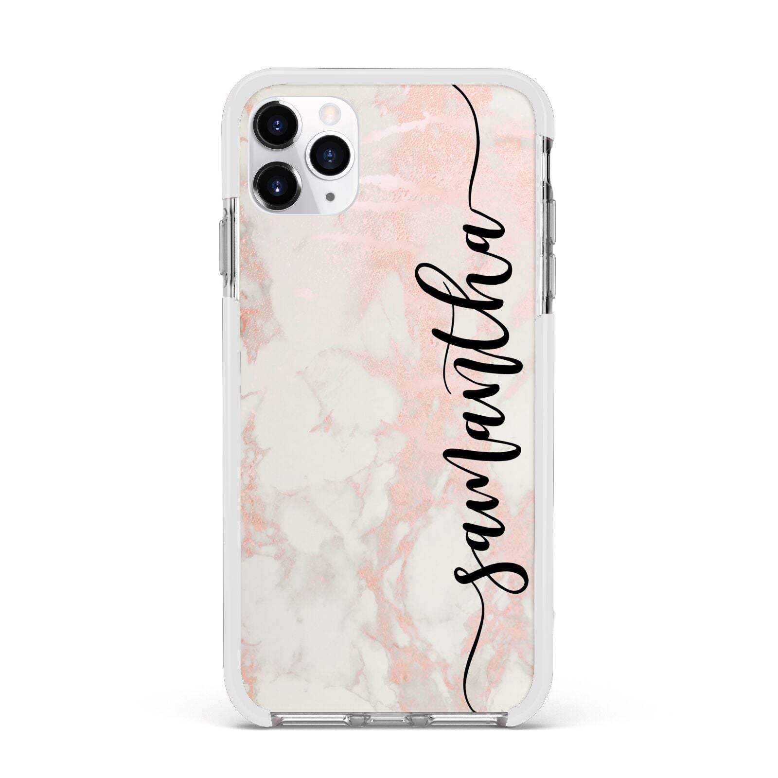 Pink Marble Vertical Black Personalised Name Apple iPhone 11 Pro Max in Silver with White Impact Case