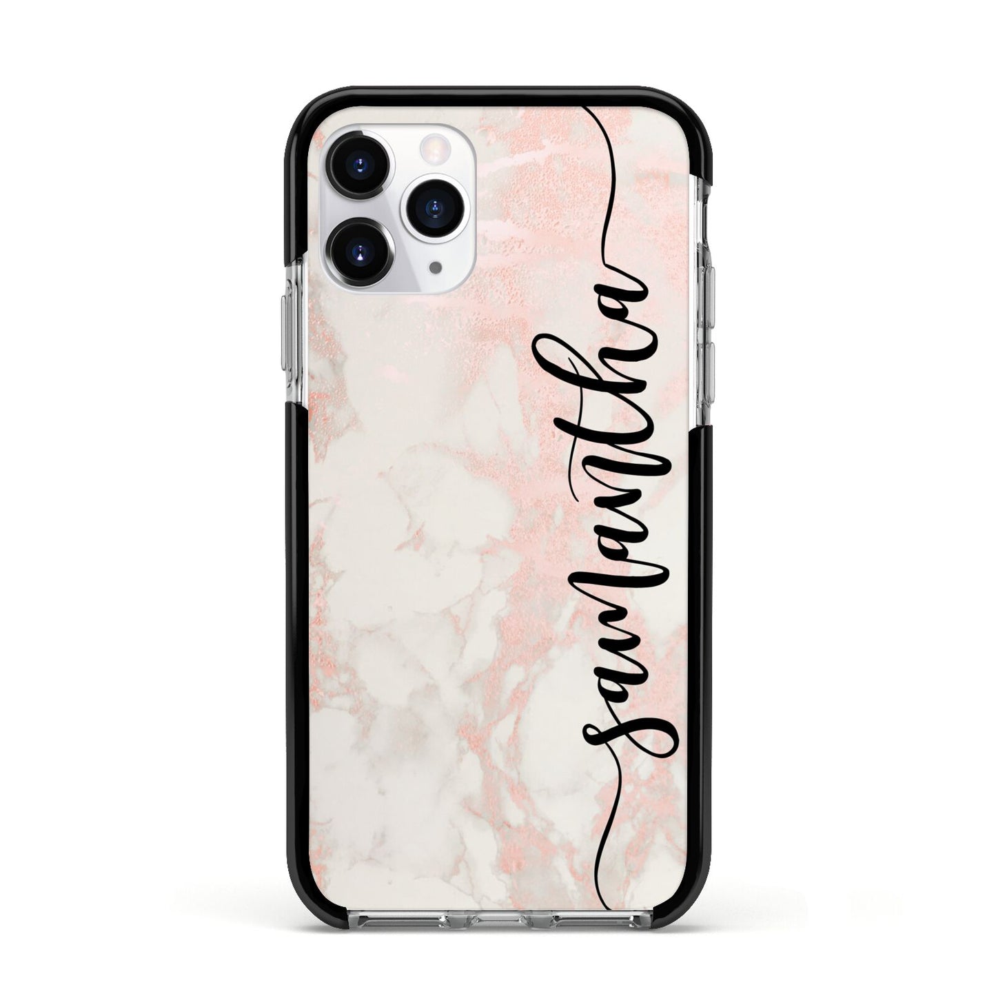 Pink Marble Vertical Black Personalised Name Apple iPhone 11 Pro in Silver with Black Impact Case