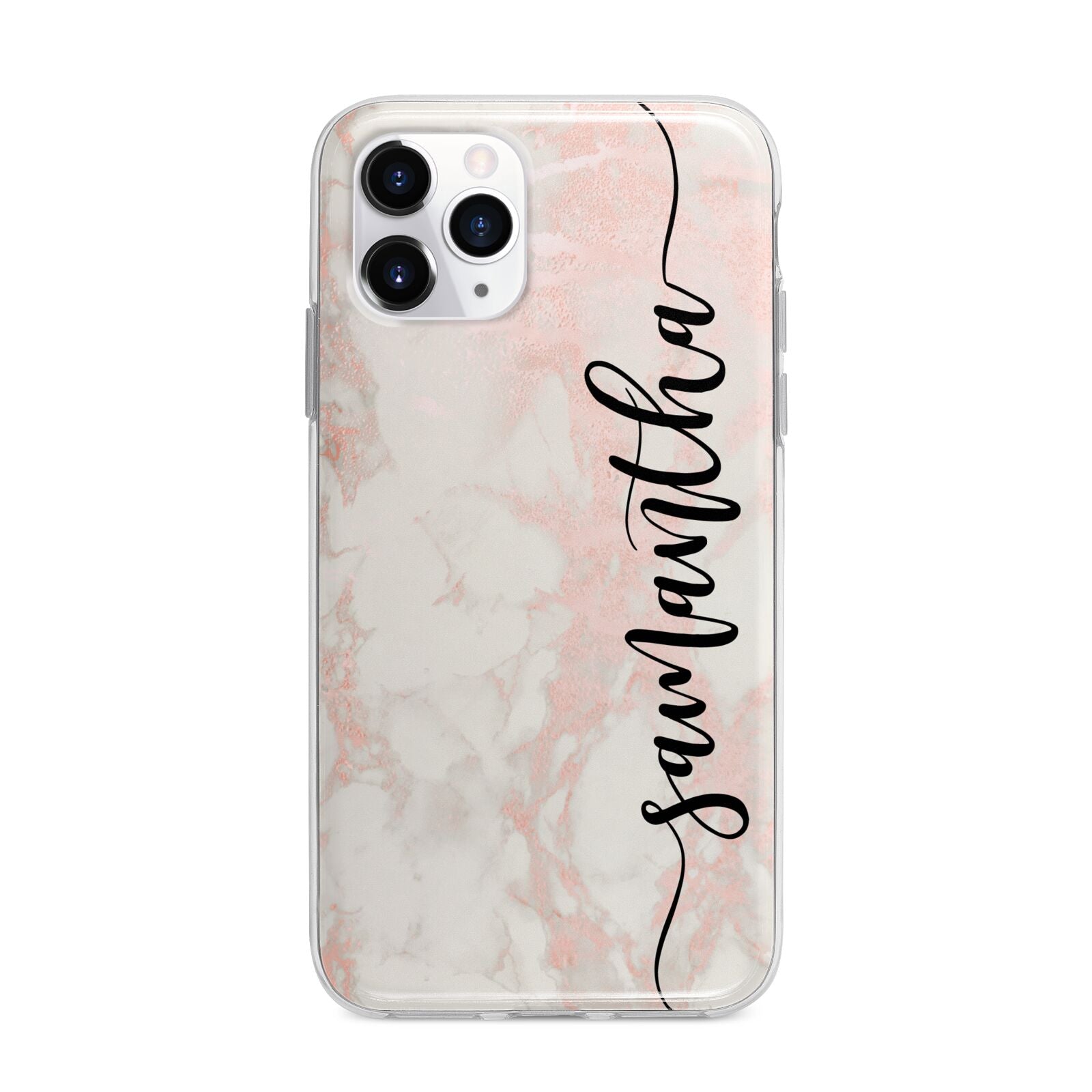 Pink Marble Vertical Black Personalised Name Apple iPhone 11 Pro in Silver with Bumper Case