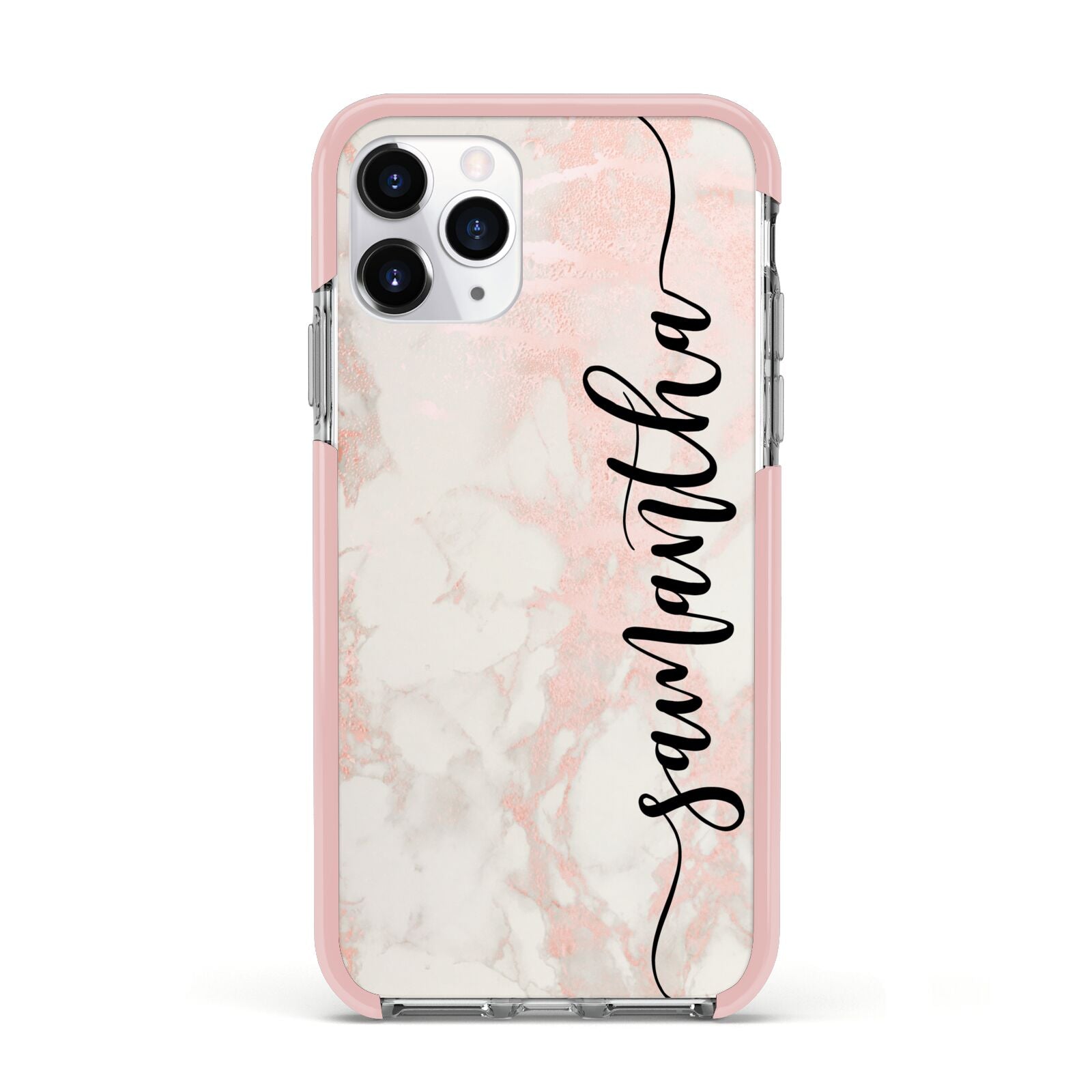 Pink Marble Vertical Black Personalised Name Apple iPhone 11 Pro in Silver with Pink Impact Case