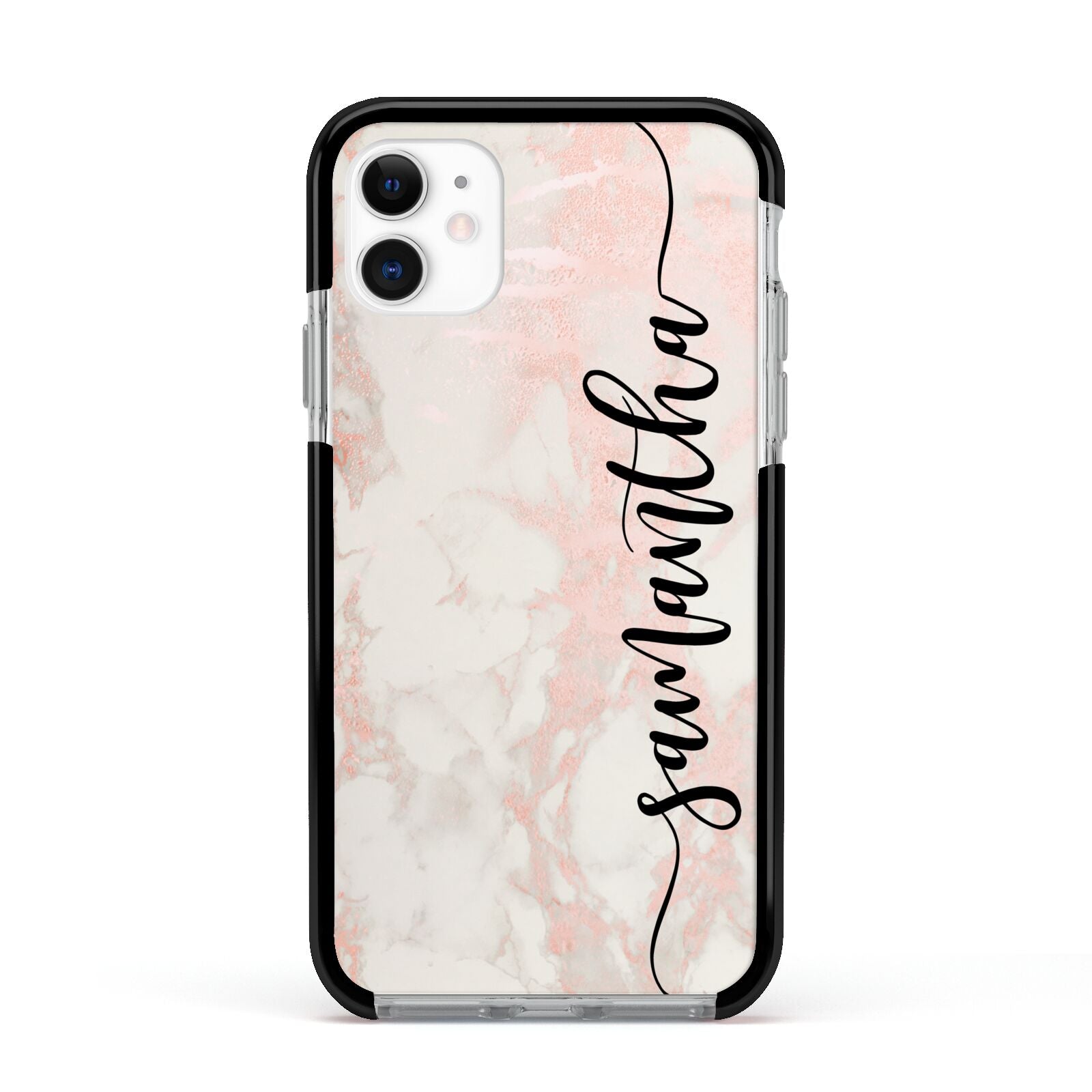 Pink Marble Vertical Black Personalised Name Apple iPhone 11 in White with Black Impact Case