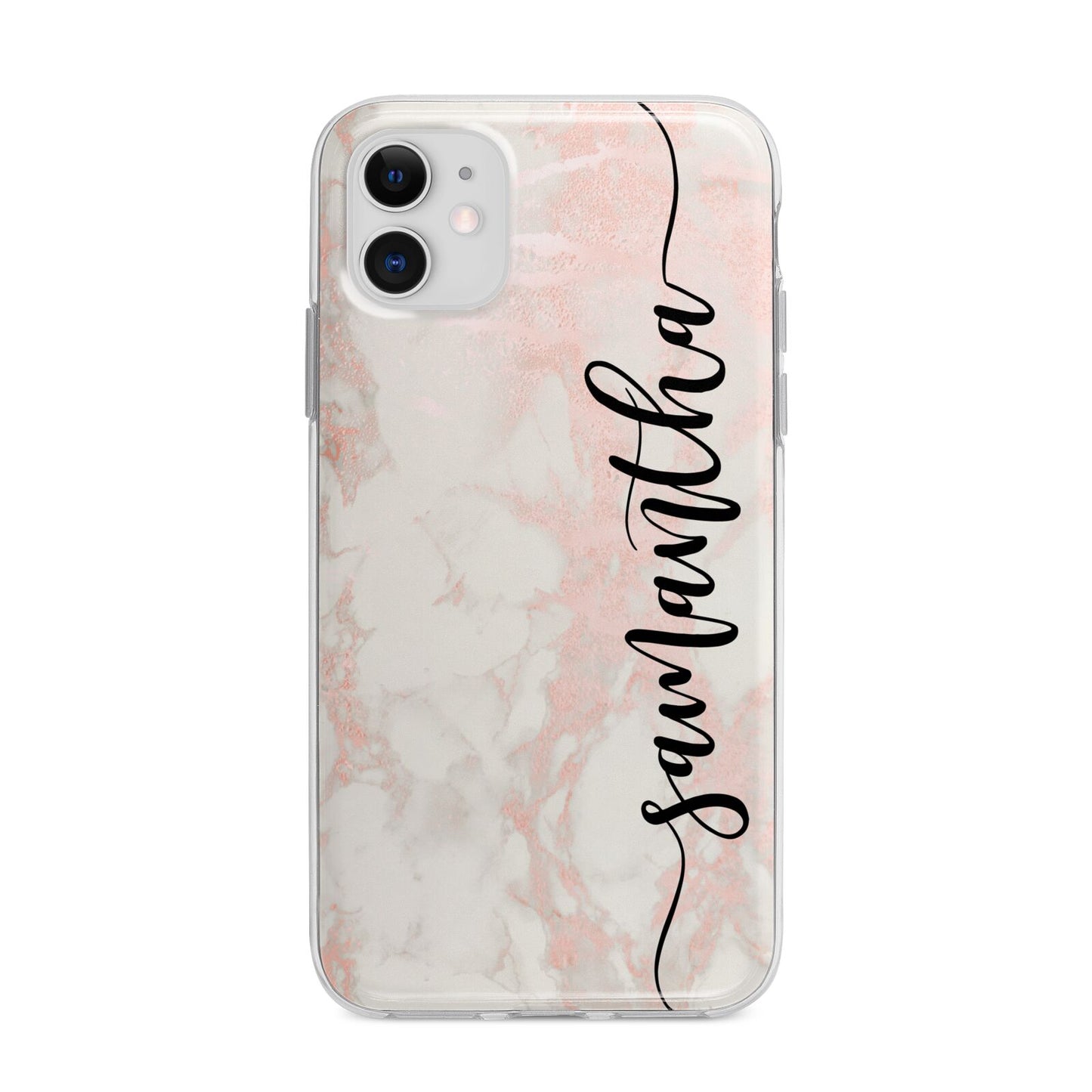 Pink Marble Vertical Black Personalised Name Apple iPhone 11 in White with Bumper Case