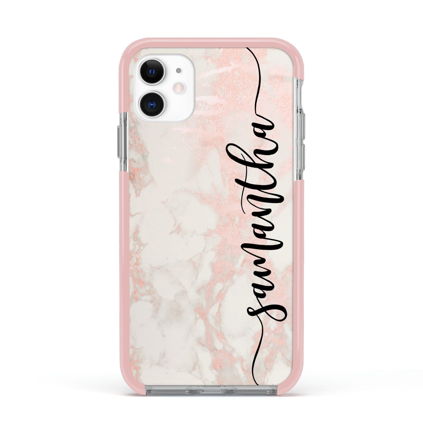 Pink Marble Vertical Black Personalised Name Apple iPhone 11 in White with Pink Impact Case