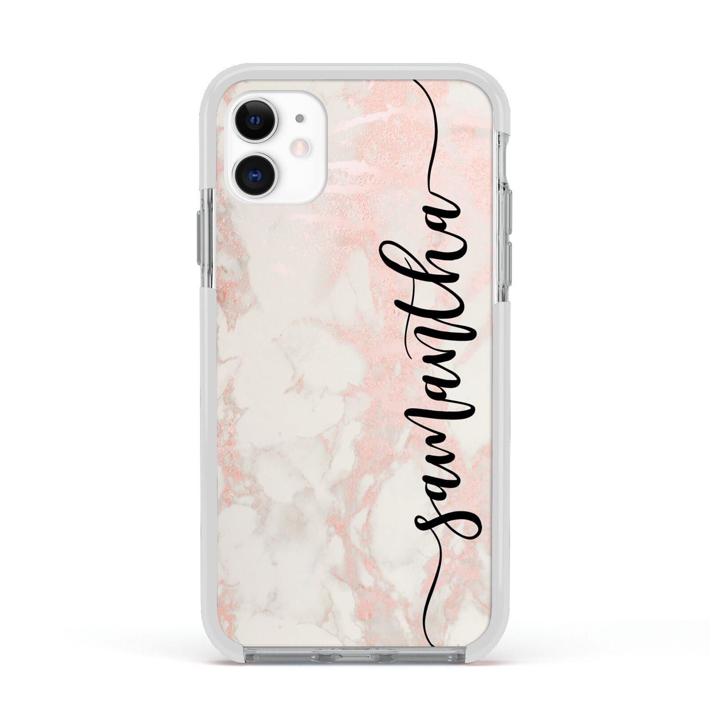 Pink Marble Vertical Black Personalised Name Apple iPhone 11 in White with White Impact Case