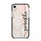 Pink Marble Vertical Black Personalised Name Apple iPhone XR Impact Case Black Edge on Silver Phone