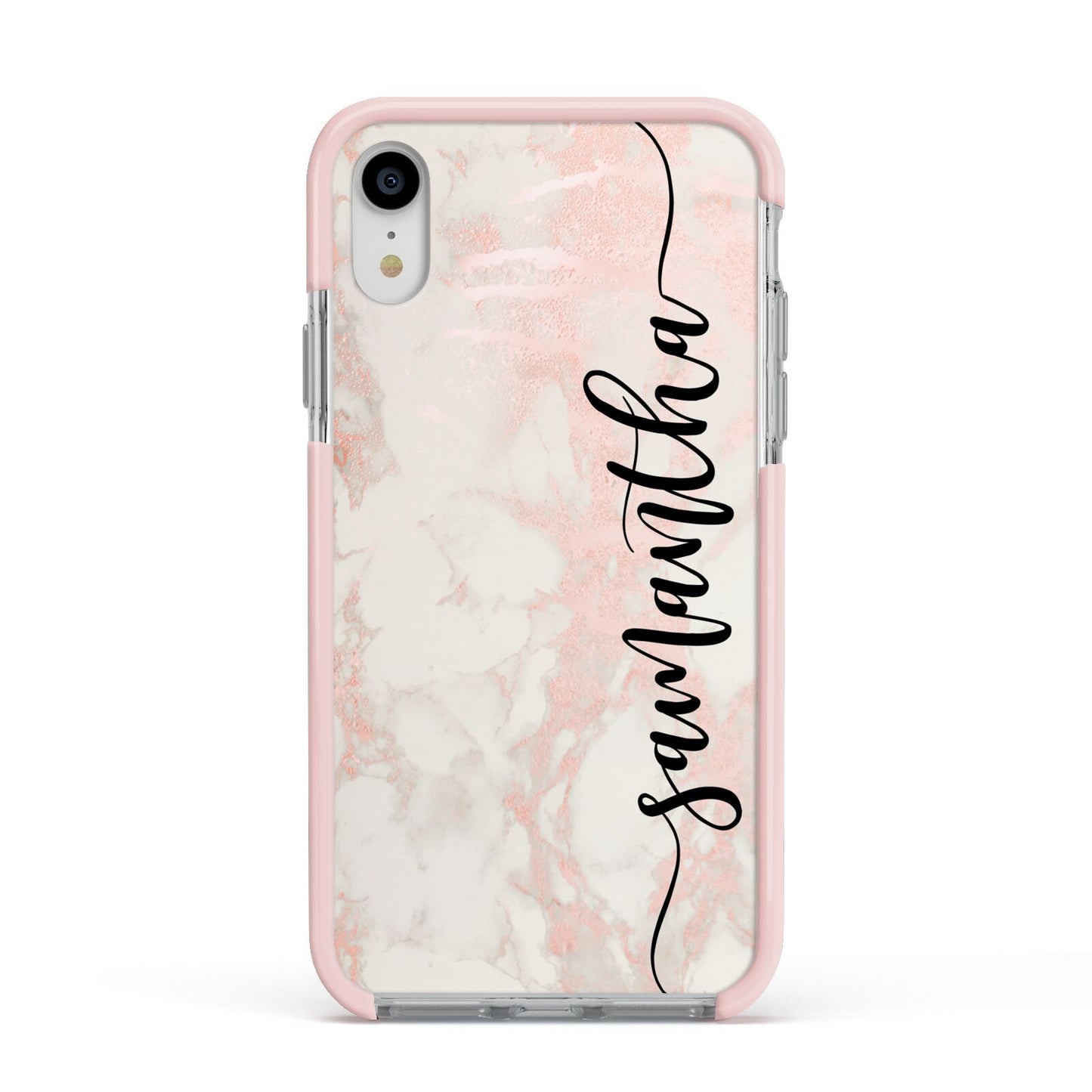 Pink Marble Vertical Black Personalised Name Apple iPhone XR Impact Case Pink Edge on Silver Phone