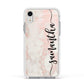 Pink Marble Vertical Black Personalised Name Apple iPhone XR Impact Case White Edge on Silver Phone