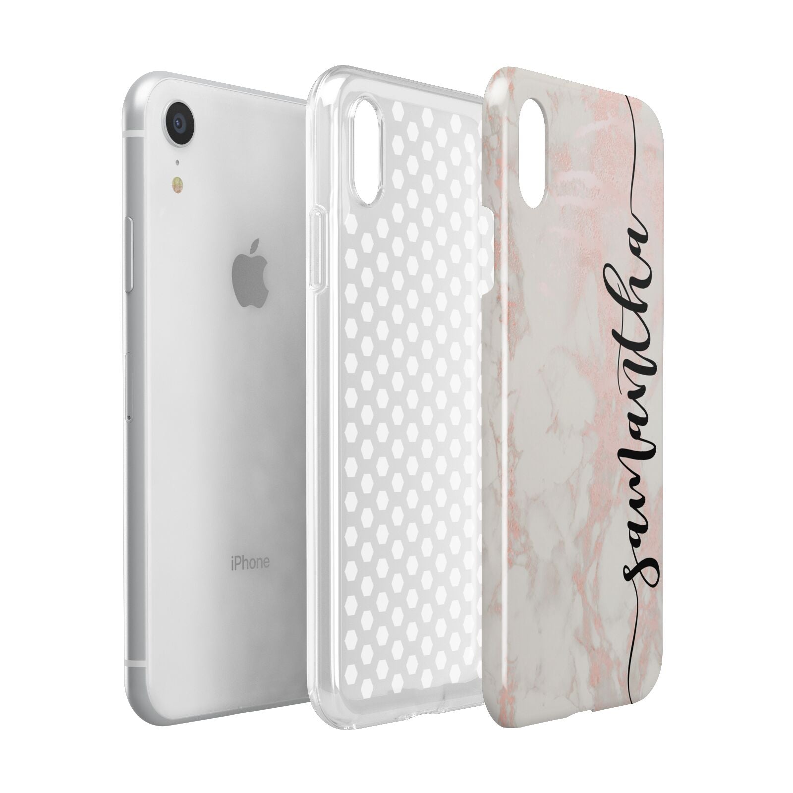 Pink Marble Vertical Black Personalised Name Apple iPhone XR White 3D Tough Case Expanded view