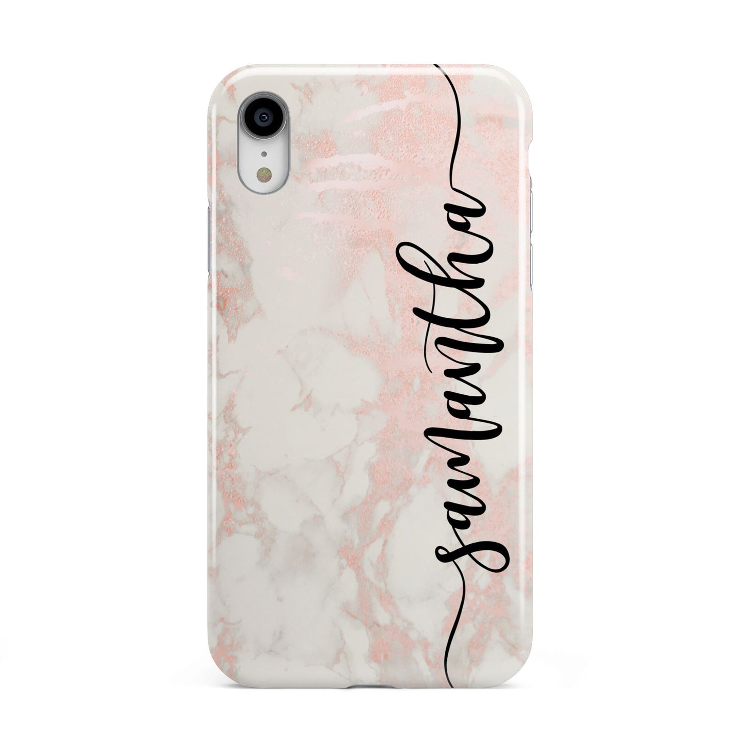 Pink Marble Vertical Black Personalised Name Apple iPhone XR White 3D Tough Case