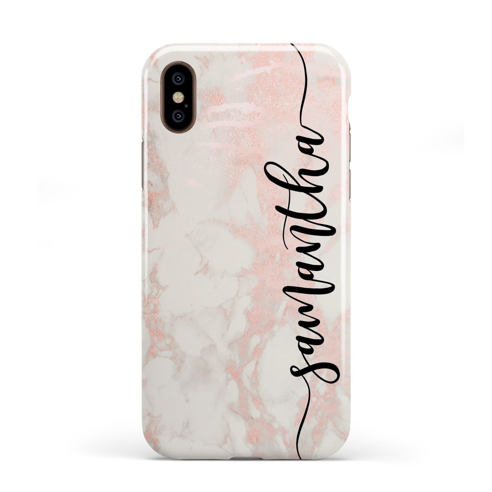 Pink Marble Vertical Black Personalised Name Apple iPhone XS 3D Tough