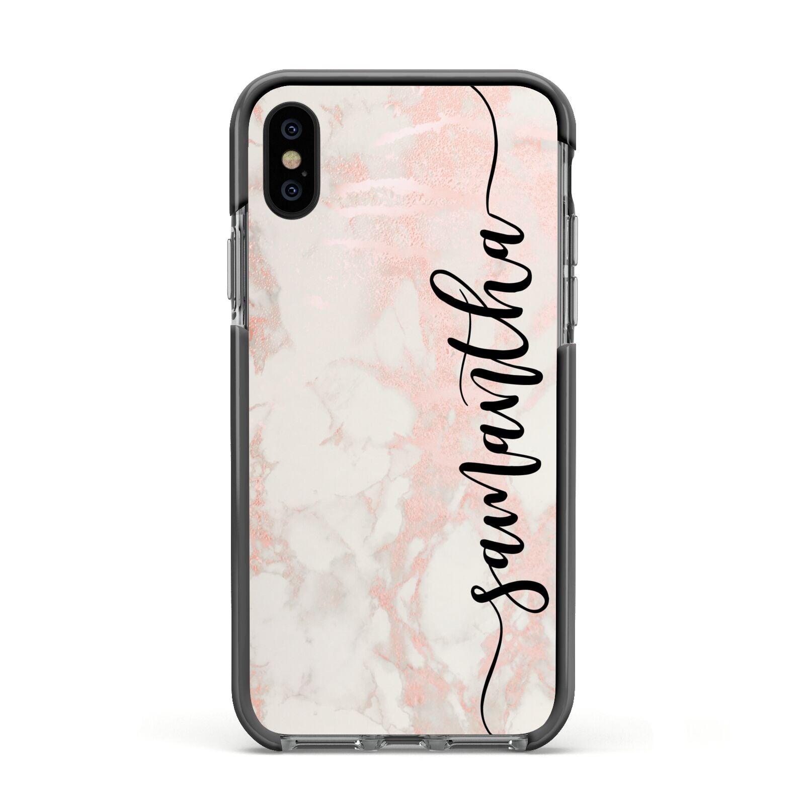 Pink Marble Vertical Black Personalised Name Apple iPhone Xs Impact Case Black Edge on Black Phone