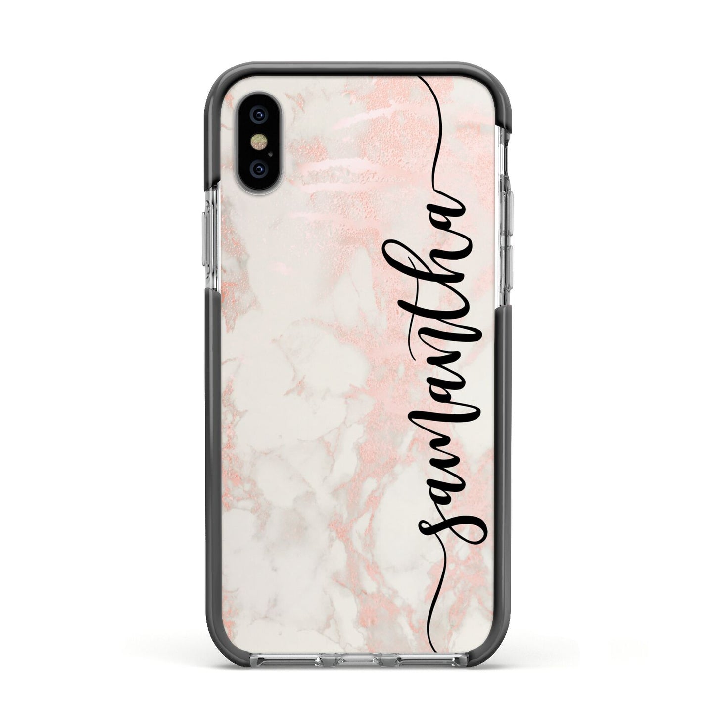 Pink Marble Vertical Black Personalised Name Apple iPhone Xs Impact Case Black Edge on Silver Phone
