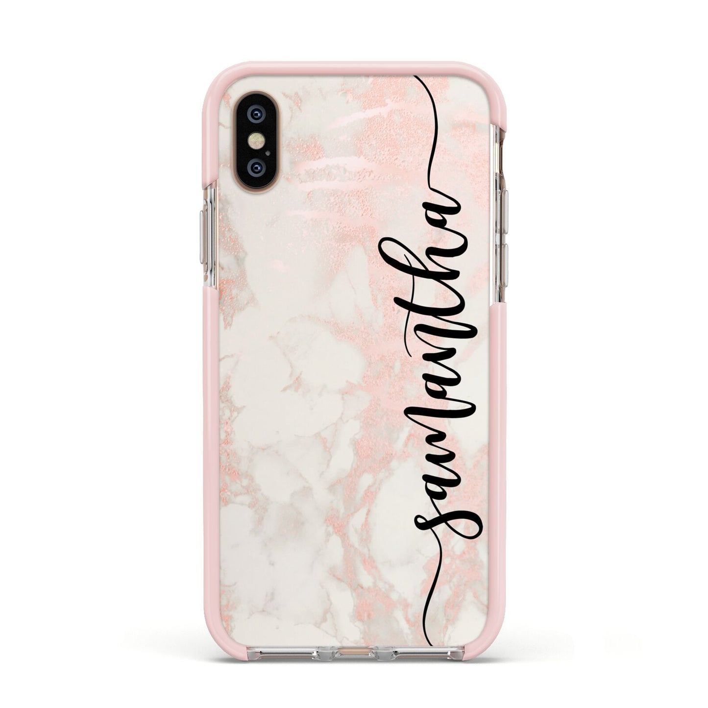 Pink Marble Vertical Black Personalised Name Apple iPhone Xs Impact Case Pink Edge on Gold Phone