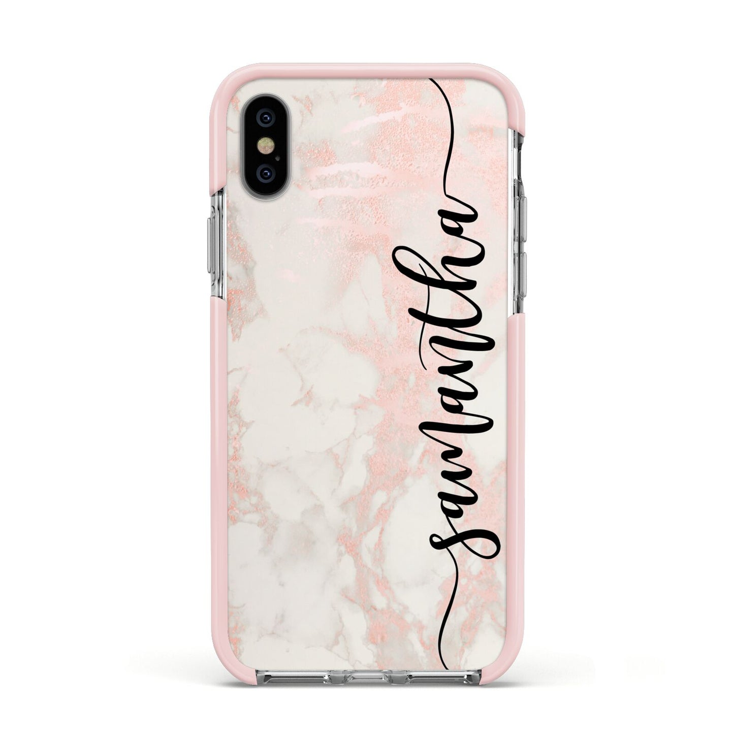 Pink Marble Vertical Black Personalised Name Apple iPhone Xs Impact Case Pink Edge on Silver Phone