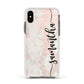 Pink Marble Vertical Black Personalised Name Apple iPhone Xs Impact Case White Edge on Black Phone