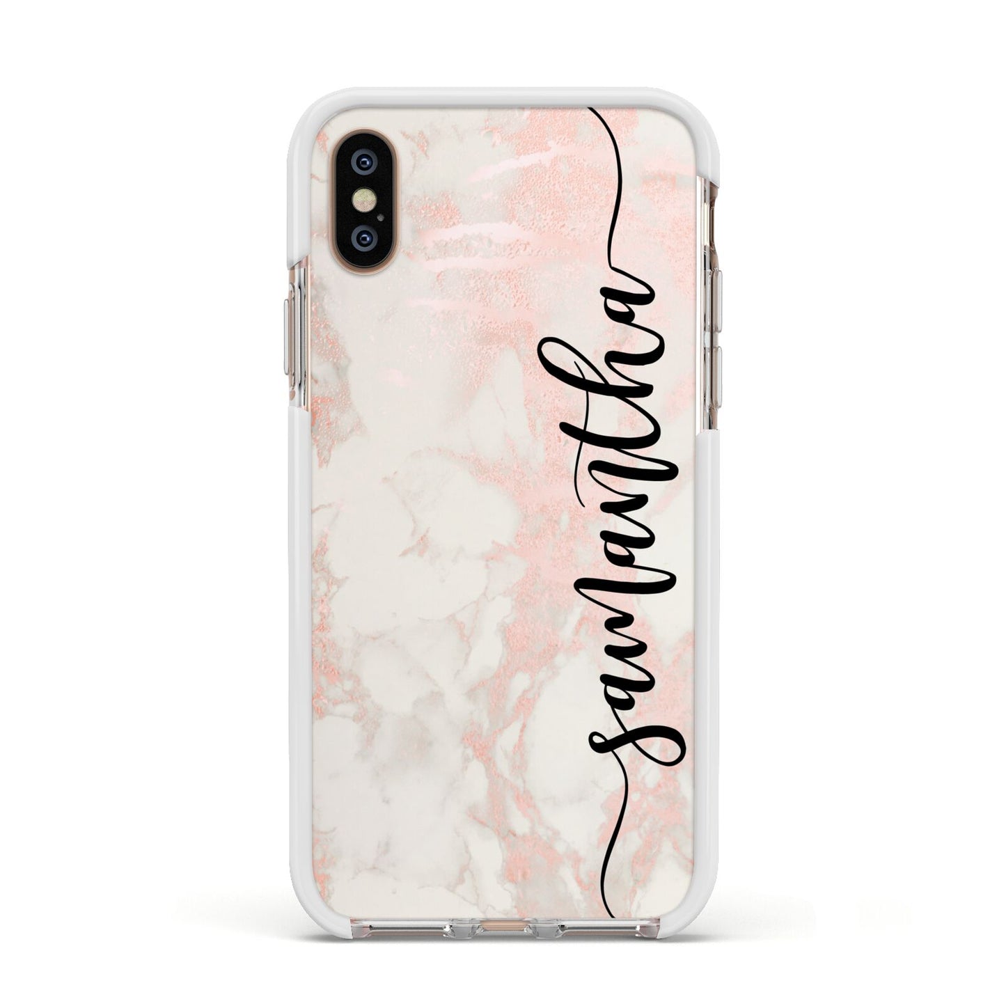 Pink Marble Vertical Black Personalised Name Apple iPhone Xs Impact Case White Edge on Gold Phone