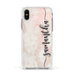 Pink Marble Vertical Black Personalised Name Apple iPhone Xs Impact Case White Edge on Silver Phone
