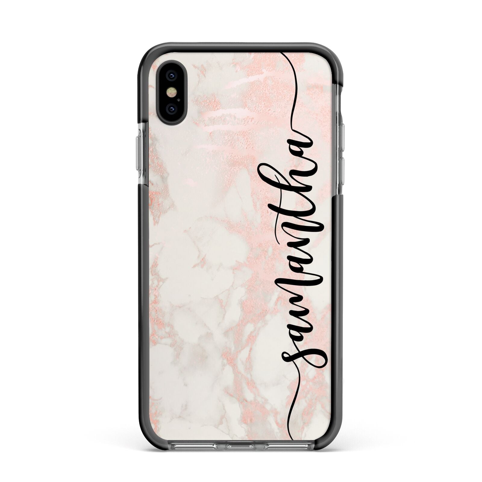 Pink Marble Vertical Black Personalised Name Apple iPhone Xs Max Impact Case Black Edge on Black Phone