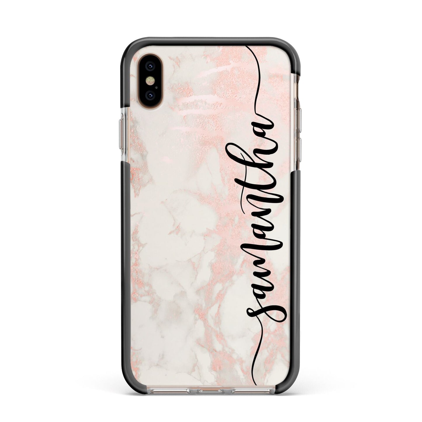 Pink Marble Vertical Black Personalised Name Apple iPhone Xs Max Impact Case Black Edge on Gold Phone