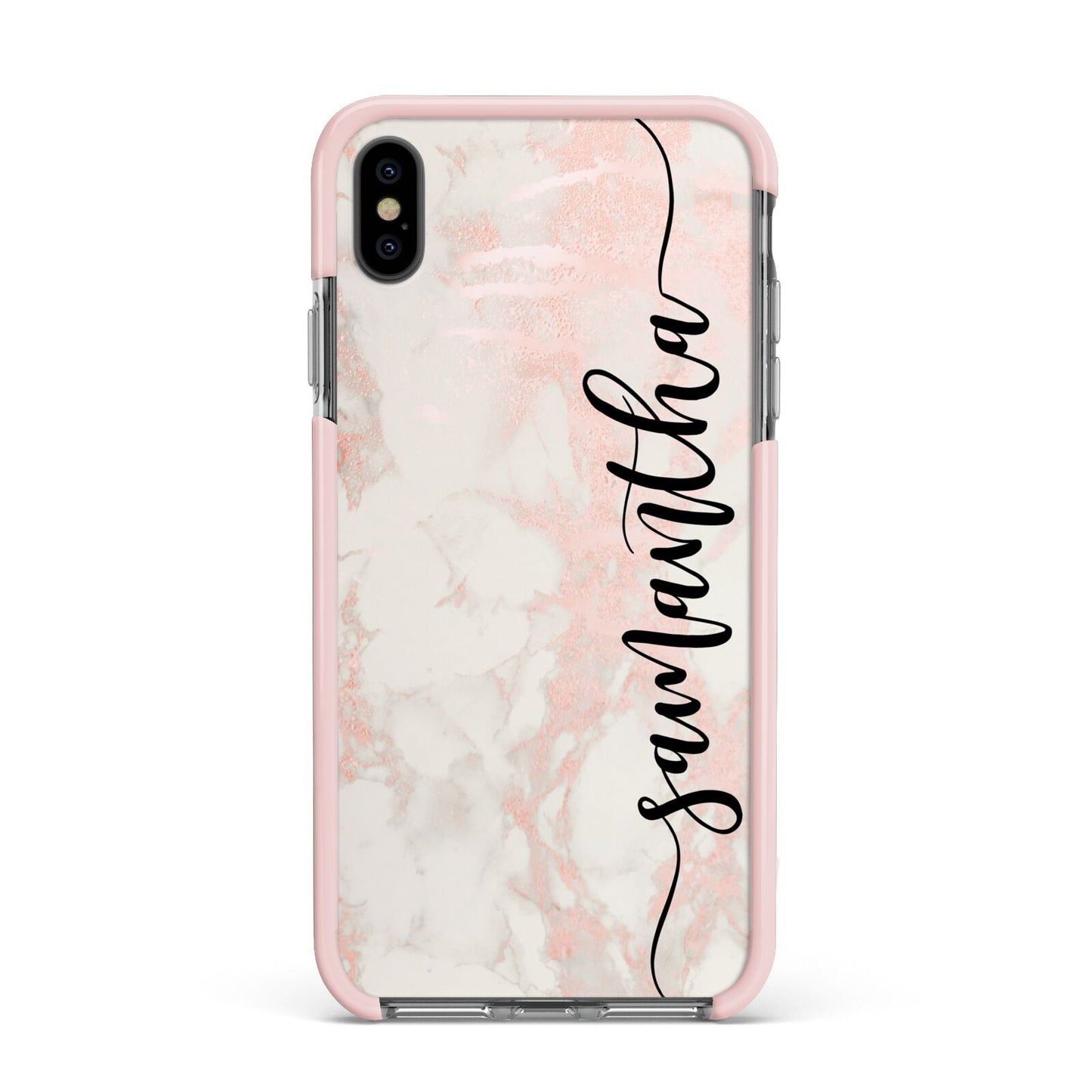 Pink Marble Vertical Black Personalised Name Apple iPhone Xs Max Impact Case Pink Edge on Black Phone