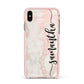 Pink Marble Vertical Black Personalised Name Apple iPhone Xs Max Impact Case Pink Edge on Gold Phone
