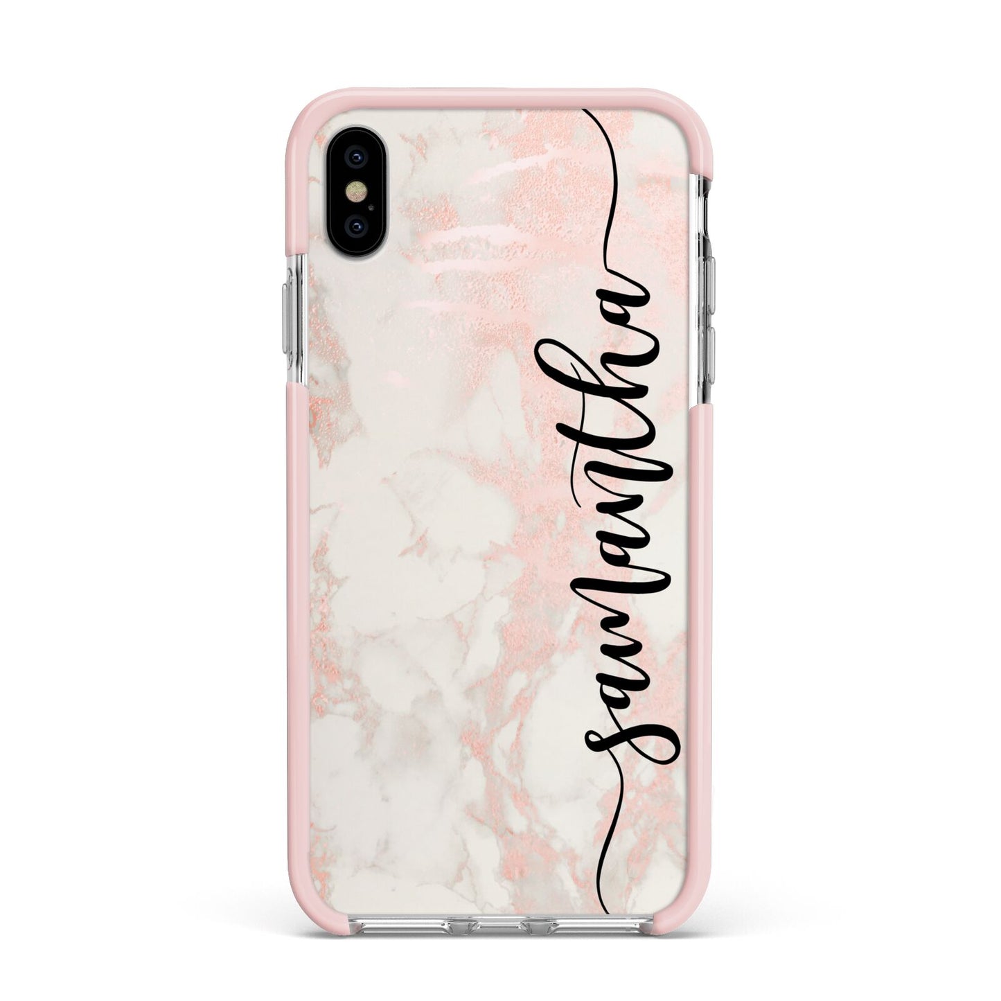 Pink Marble Vertical Black Personalised Name Apple iPhone Xs Max Impact Case Pink Edge on Silver Phone