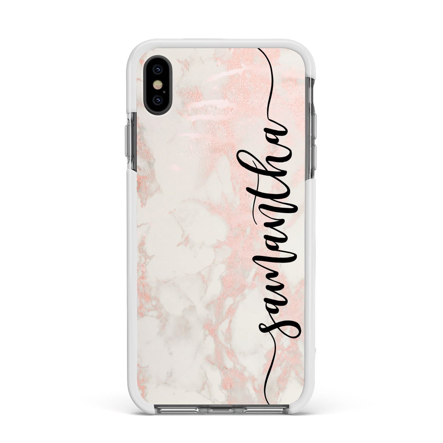 Pink Marble Vertical Black Personalised Name Apple iPhone Xs Max Impact Case White Edge on Black Phone