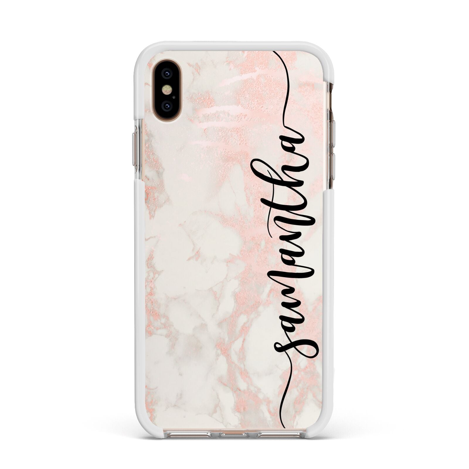 Pink Marble Vertical Black Personalised Name Apple iPhone Xs Max Impact Case White Edge on Gold Phone
