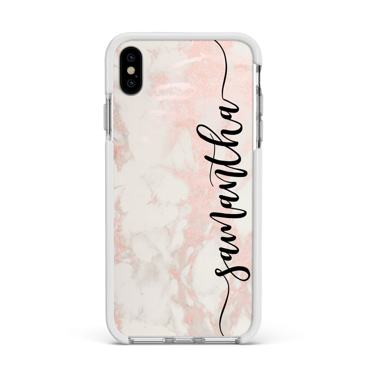 Pink Marble Vertical Black Personalised Name Apple iPhone Xs Max Impact Case White Edge on Silver Phone