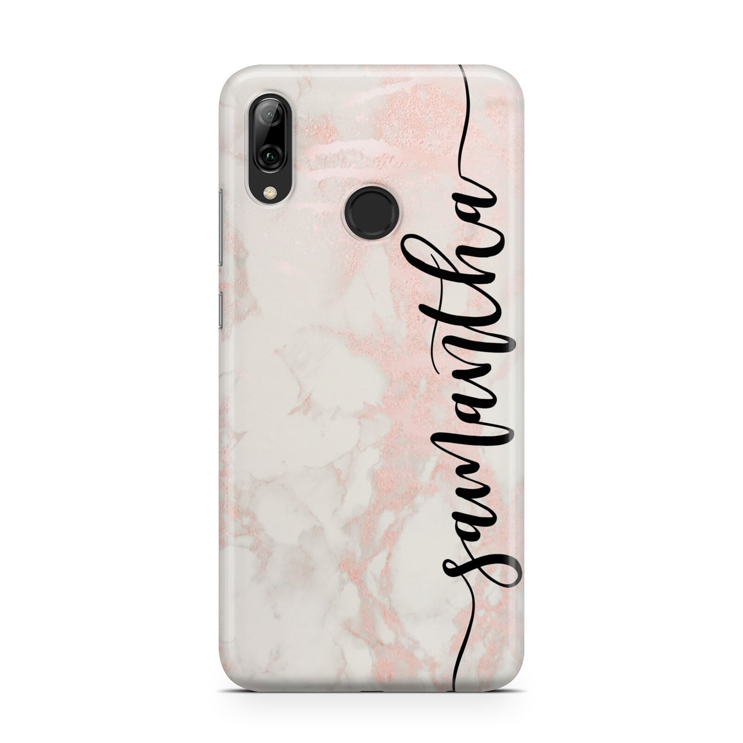 Pink Marble Vertical Black Personalised Name Huawei Y7 2019