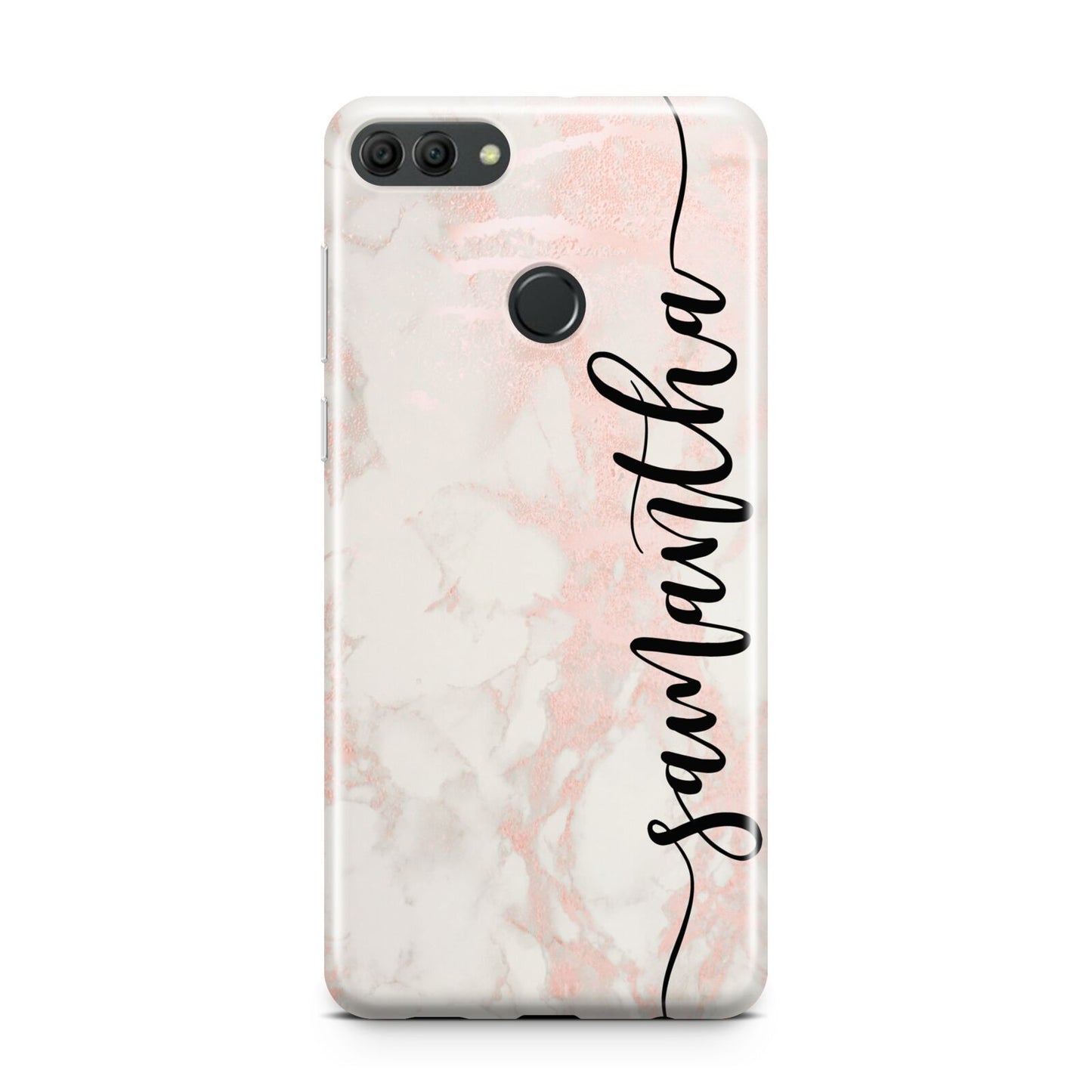 Pink Marble Vertical Black Personalised Name Huawei Y9 2018